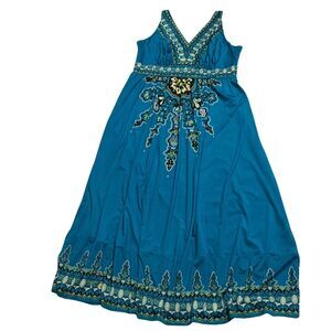 INC Womens Dress Size 2X Teal Sleeveless Bohemian Print V-Neck Smocked Back